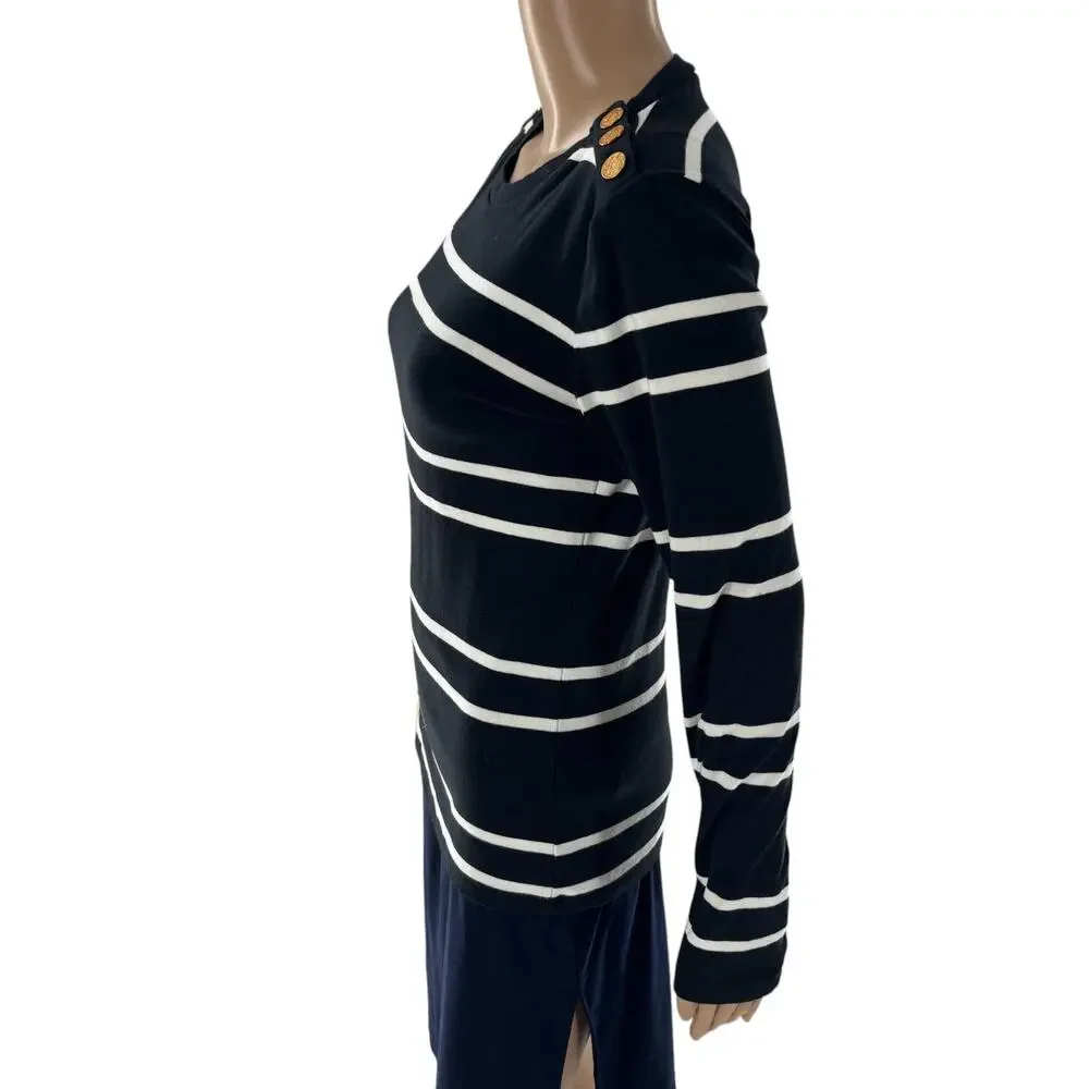 J. Crew Perfect Fit Black Striped Button Shoulder Long Sleeve Top